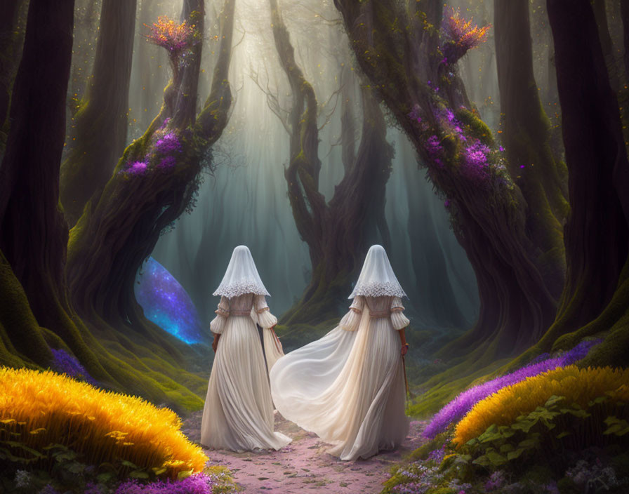Ethereal forest scene with robed figures & vibrant flowers