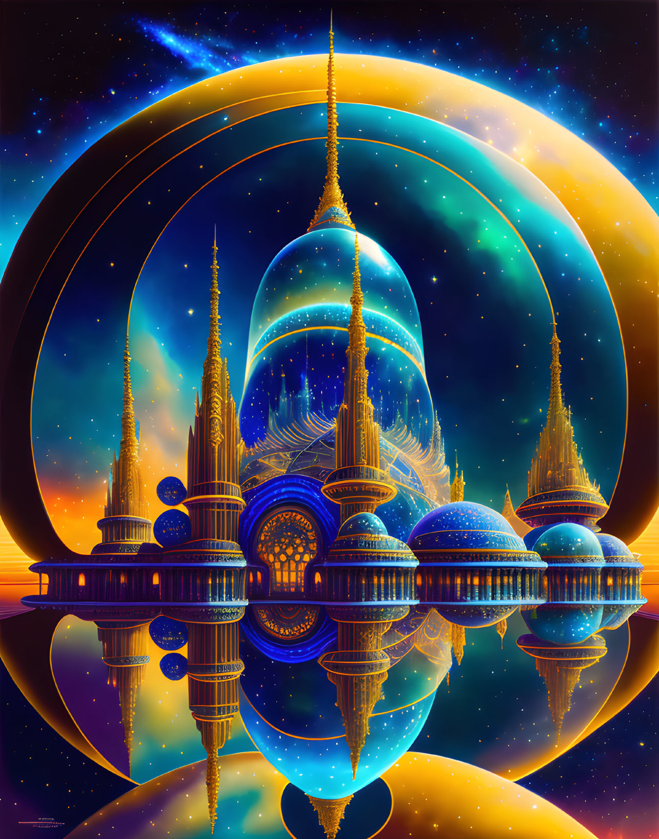 Futuristic cityscape with cosmic backdrop and towers