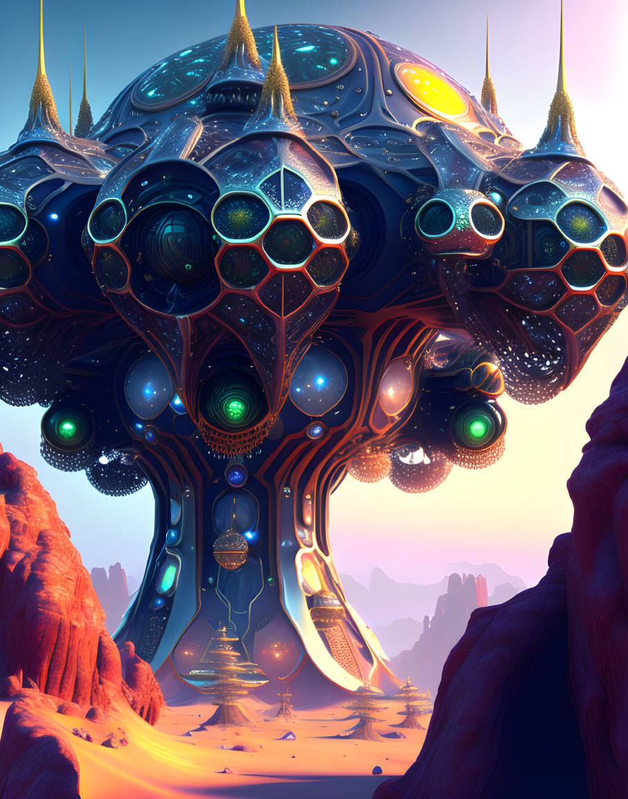 Futuristic alien city with dome structure and glowing orbs in desert canyon at dusk