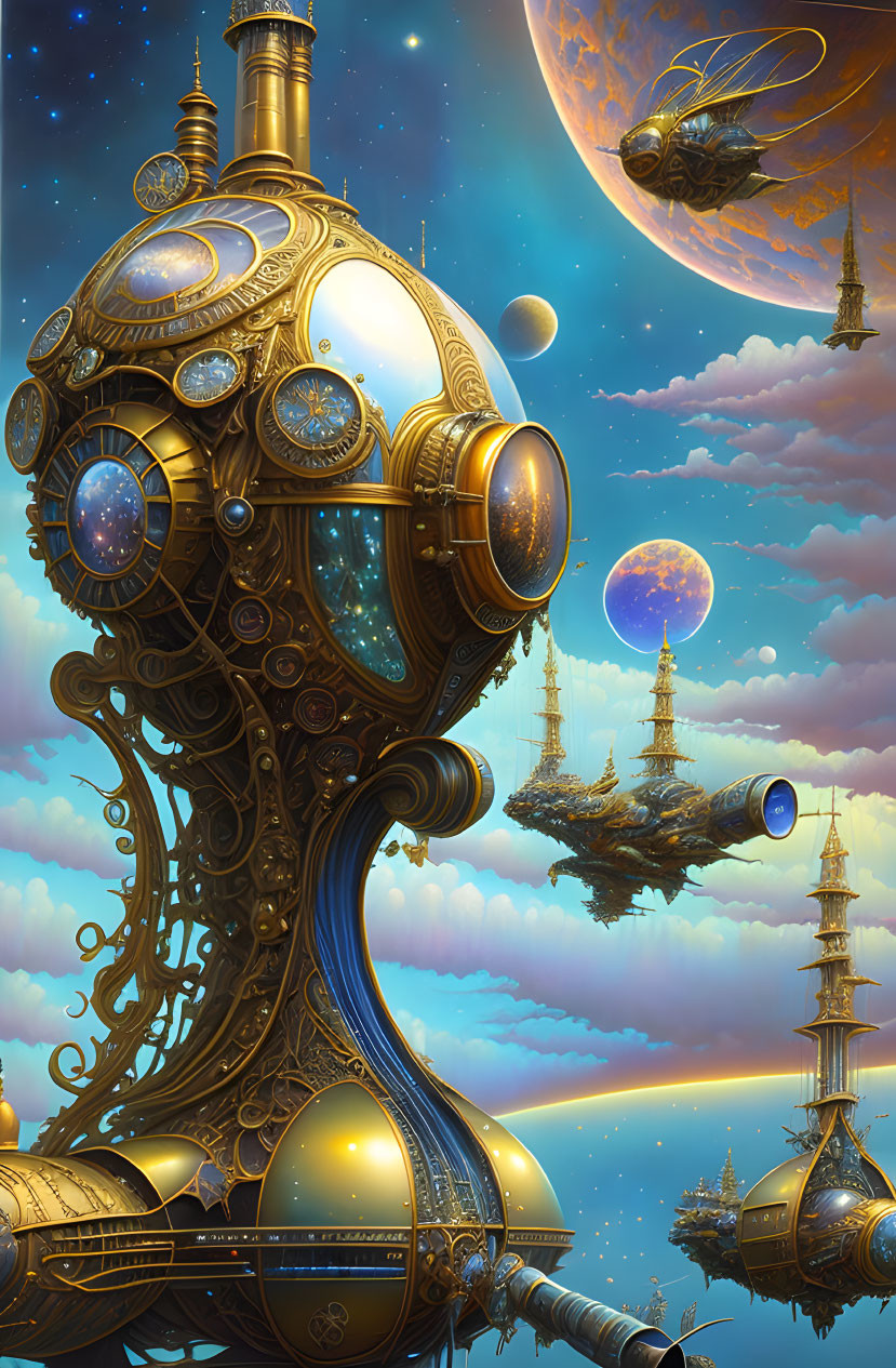 Steampunk universe with ornate structures, airships, and celestial bodies