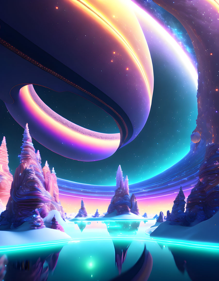 Luminescent trees and ringed planets in surreal sci-fi landscape