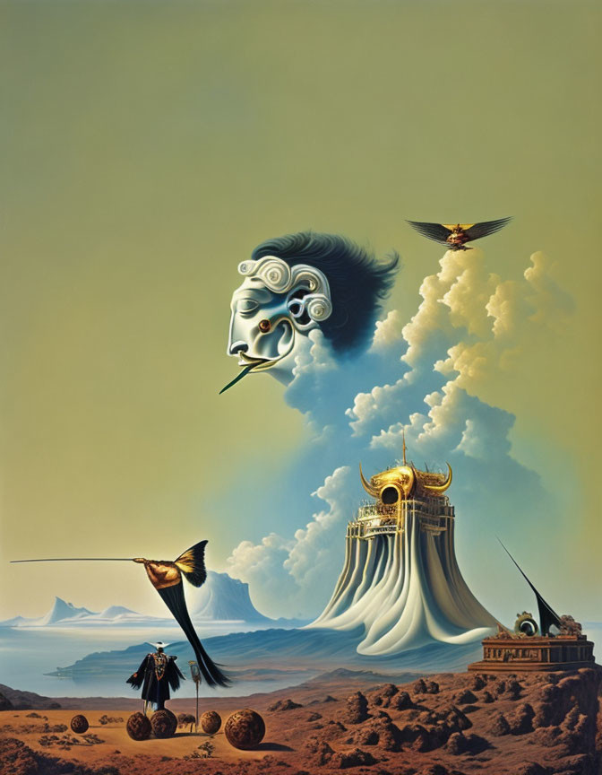 Surreal Landscape with Ethereal Cloud Head and Structures