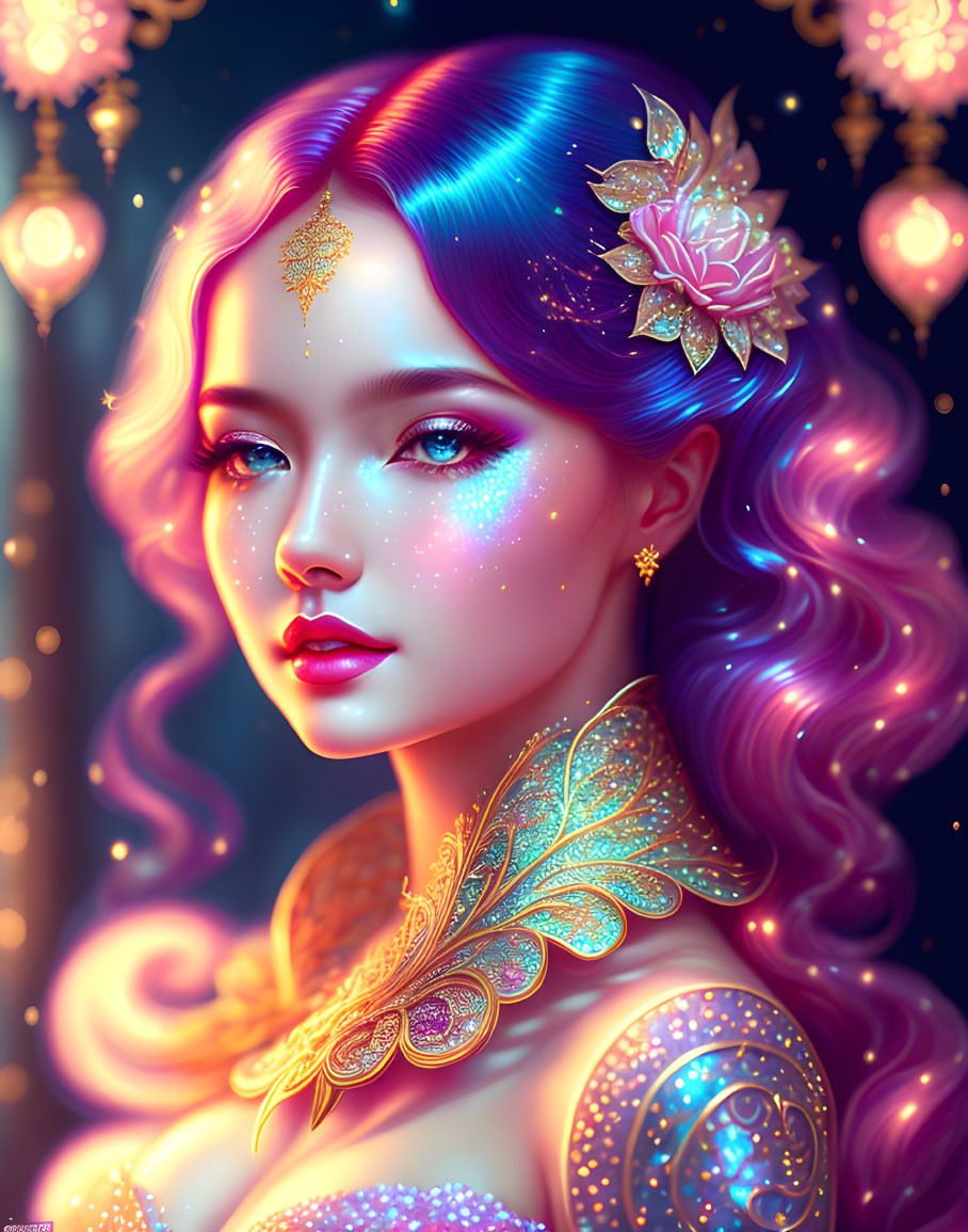 Fantasy portrait: Woman with blue and purple hair, floral accessory, sparkling makeup, gold jewelry,