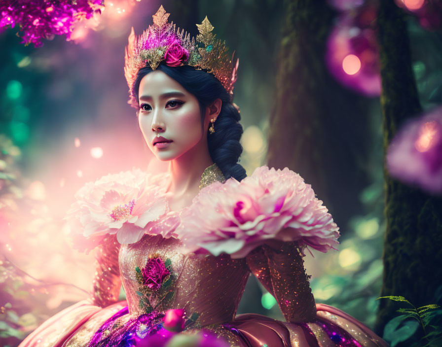 Woman in ornate floral gown and crown in vibrant forest setting