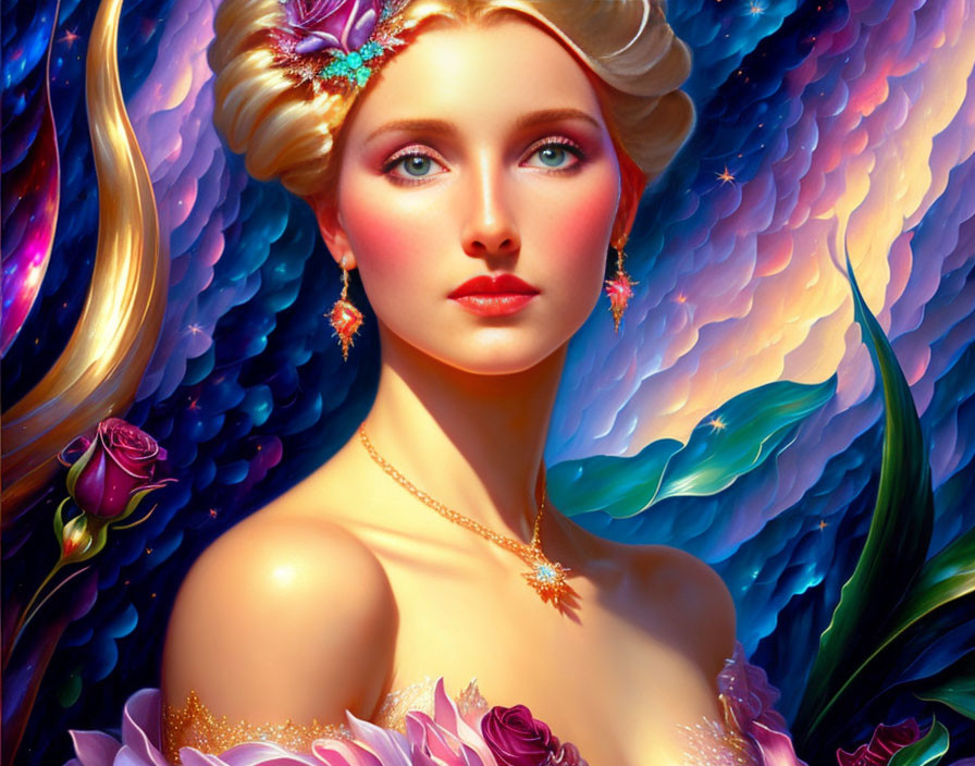 Colorful wing-like patterns adorn a radiant woman with elegant jewelry and a floral headpiece