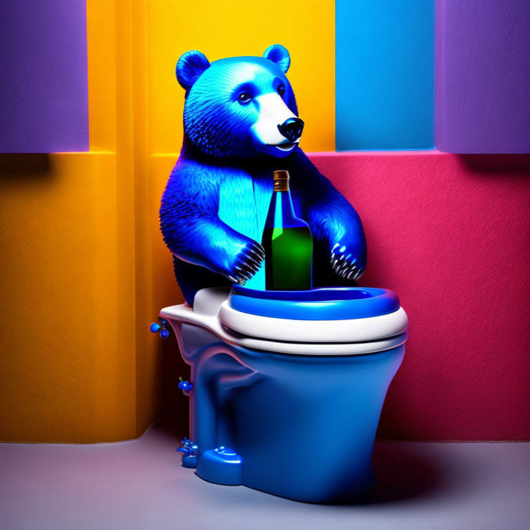 Colorful Blue Bear Figurine with Bottle on Melting Toilet Against Block Background