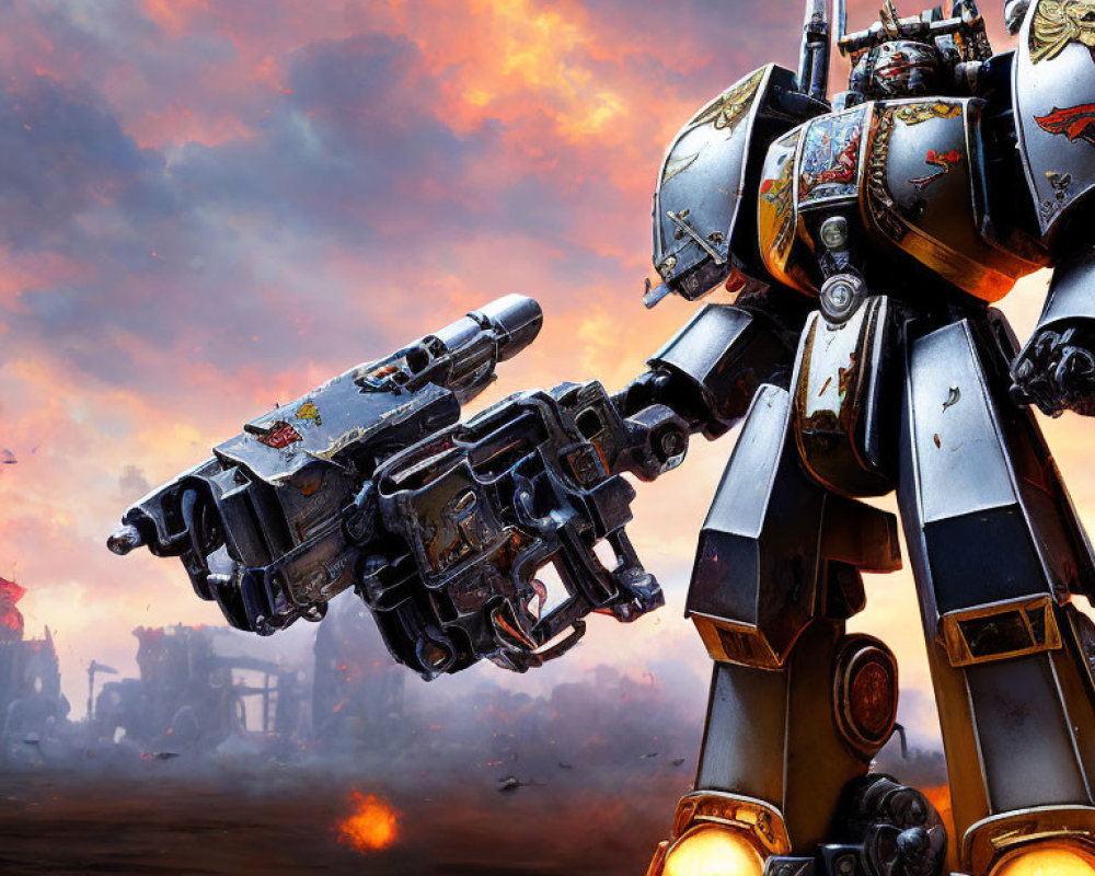 Detailed Mech Warrior with Large Gun in Silver and Gold Armor on War-Torn Landscape