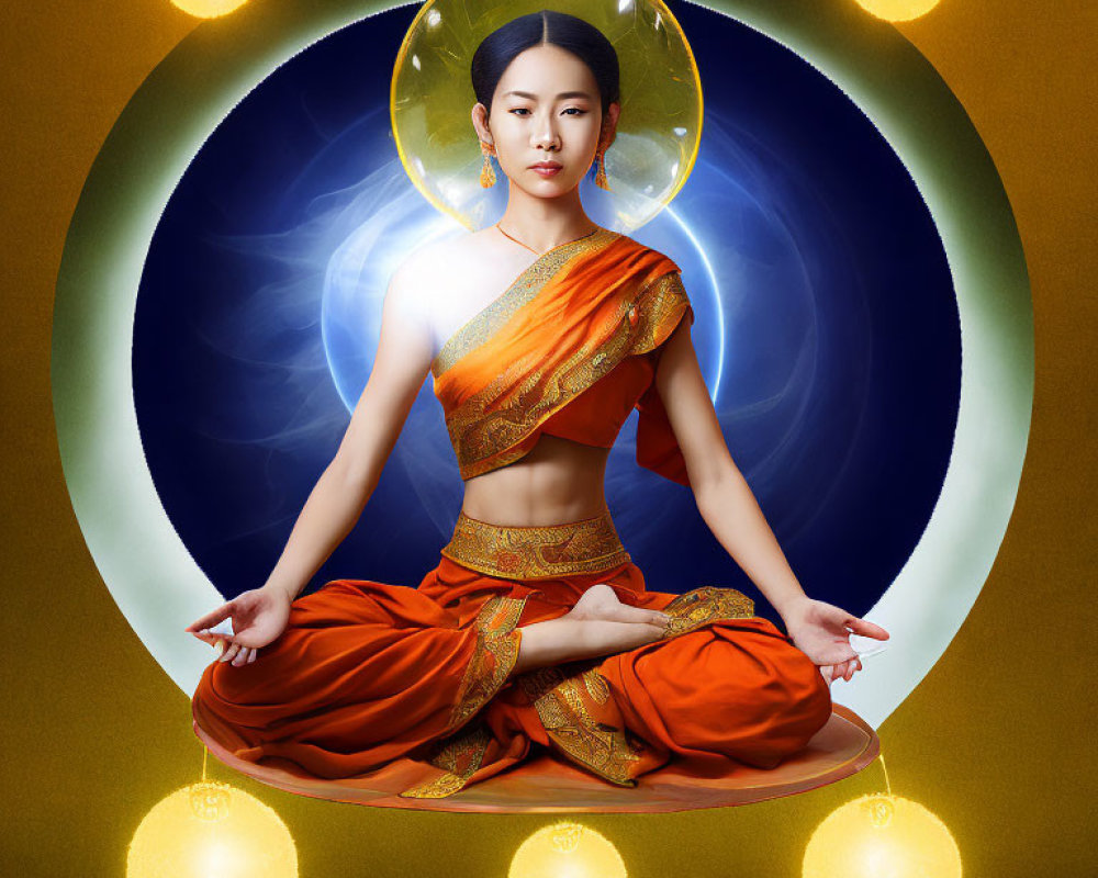 Traditional Thai Attire Woman Meditating with Glowing Orbs