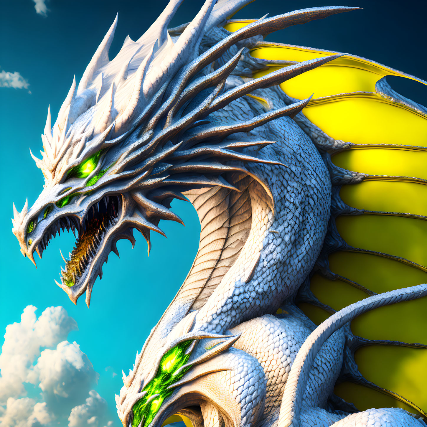 White Scaly Dragon with Green Eyes and Yellow Wings in Blue Sky