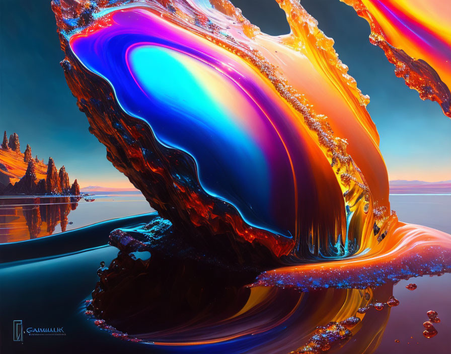 Vibrant surreal landscape with iridescent structure and reflective water