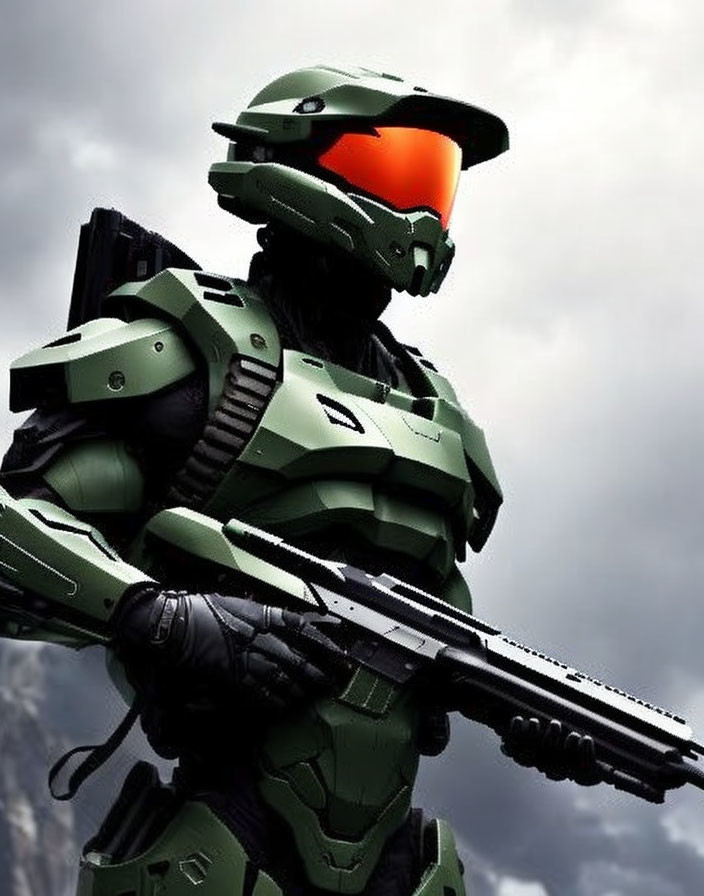 Futuristic soldier in green armor with visor helmet holding rifle against cloudy sky