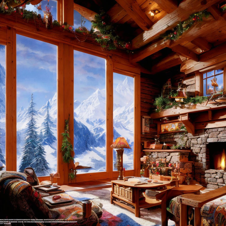 Inviting Mountain Cabin Interior with Fireplace & Snowy Peaks View