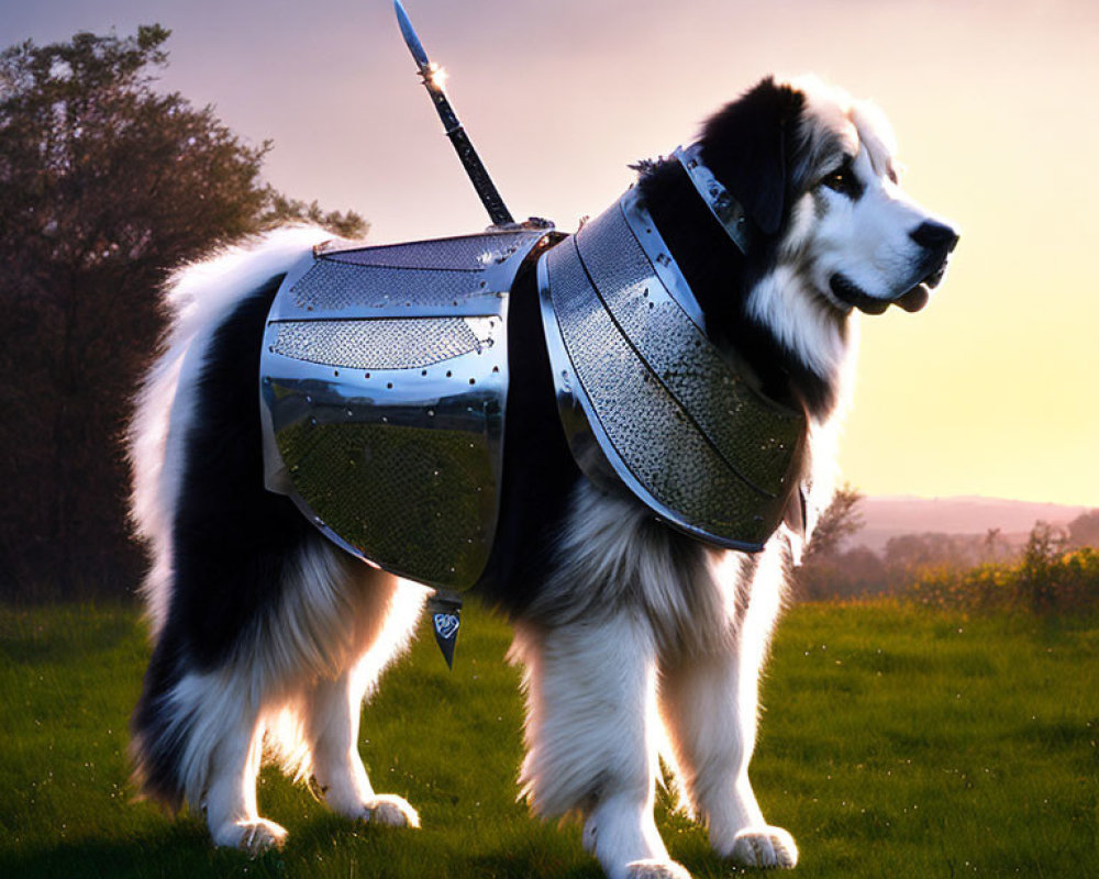 Dog in armor at sunset in field with warm glow