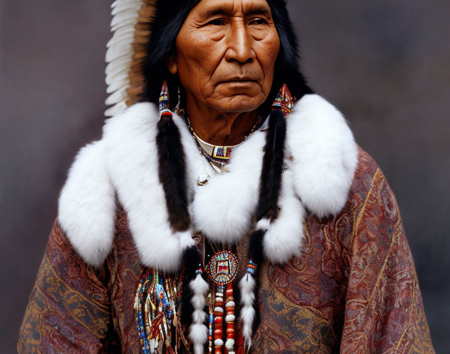 Man in traditional Native American attire with feathered headdress and beaded jewelry