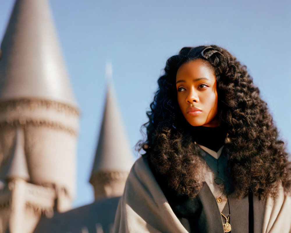 Wizarding robe-clad person in front of castle with spires under blue sky