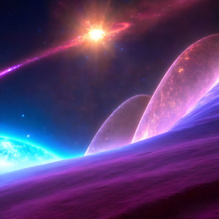 Colorful celestial bodies in vibrant cosmic scene.