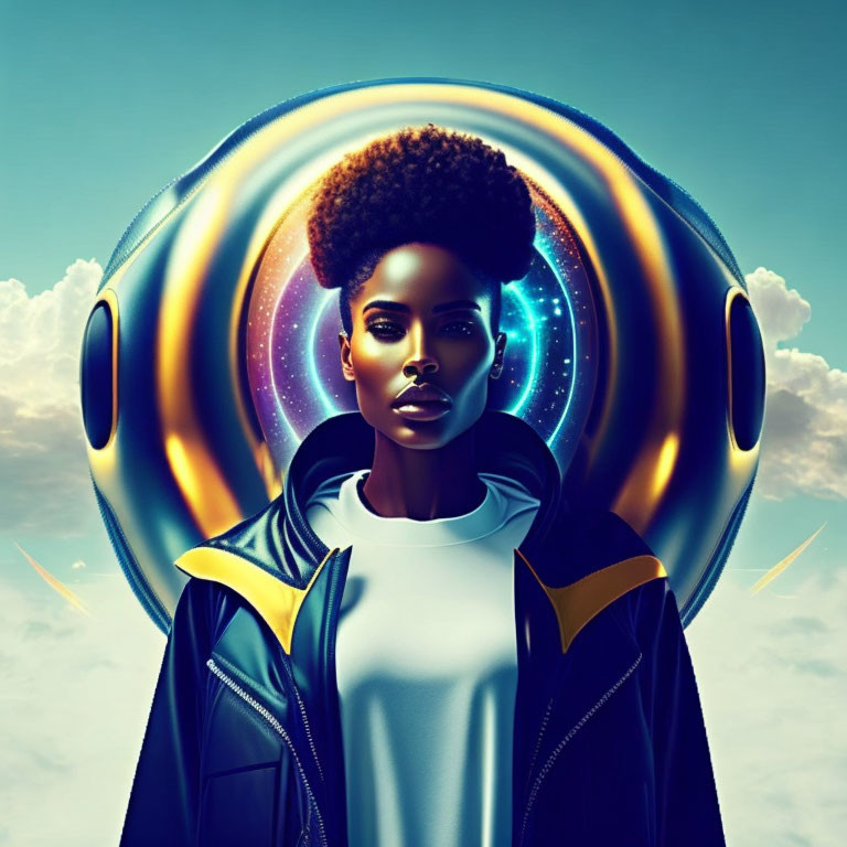 Stylized portrait of woman with afro in cosmic backdrop with futuristic halo