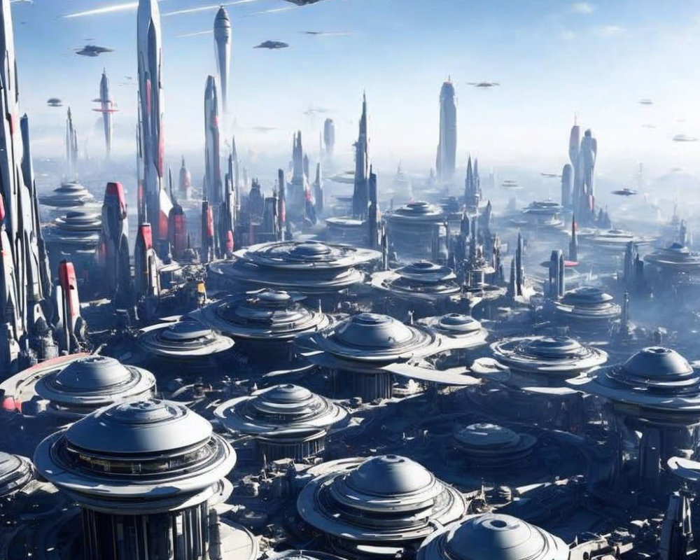 Futuristic cityscape with skyscrapers, flying vehicles, and dome-shaped buildings