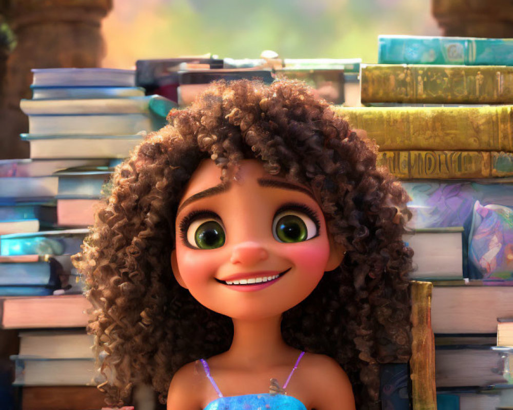 Animated Girl in Blue Dress Surrounded by Colorful Books