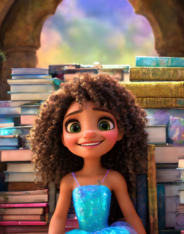 Animated Girl in Blue Dress Surrounded by Colorful Books