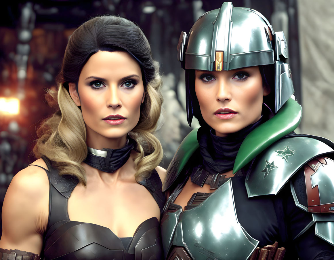 Sci-fi women in bodysuit and armor against industrial backdrop