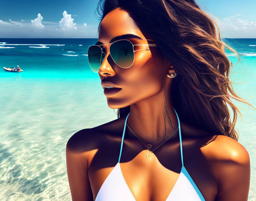 Woman in white bikini and sunglasses on beach with boat in background