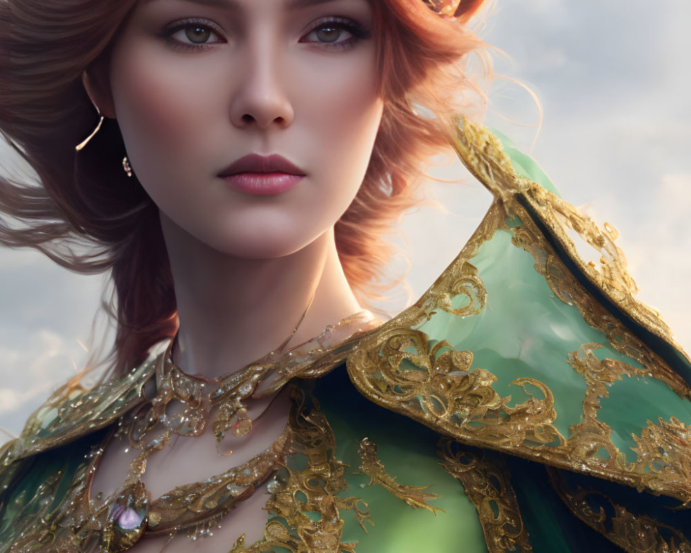 Regal woman in gold-embellished green cloak under cloudy sky