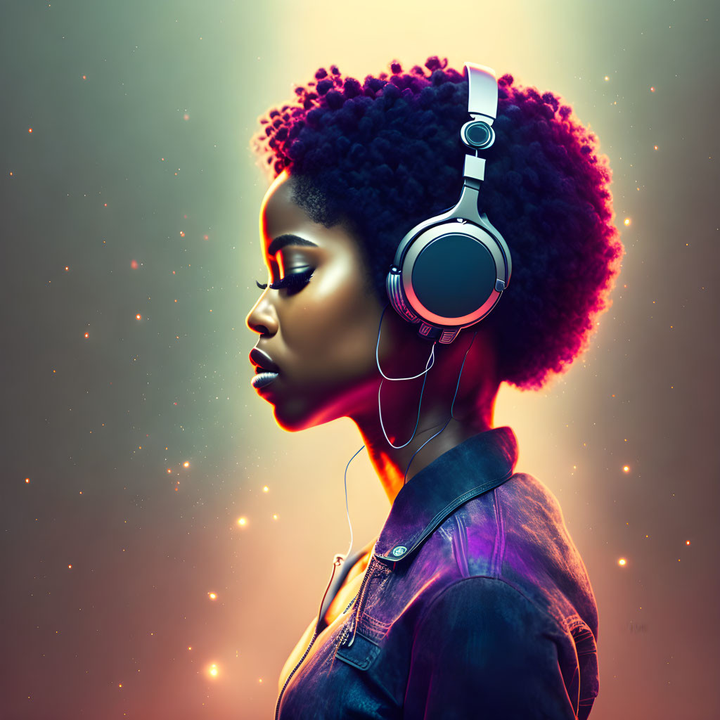 Woman with Voluminous Afro in Headphones Against Amber Background