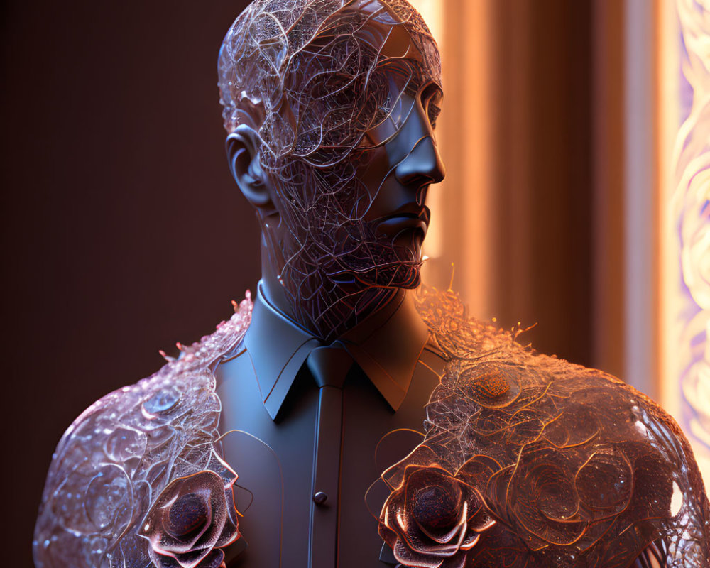 Faceless mannequin with wireframe head and floral shoulder patterns.