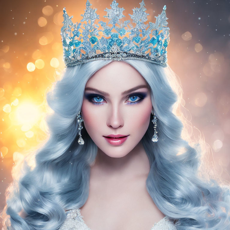 Woman with Blue Eyes and Silver Hair in Sparkling Crown and Earrings