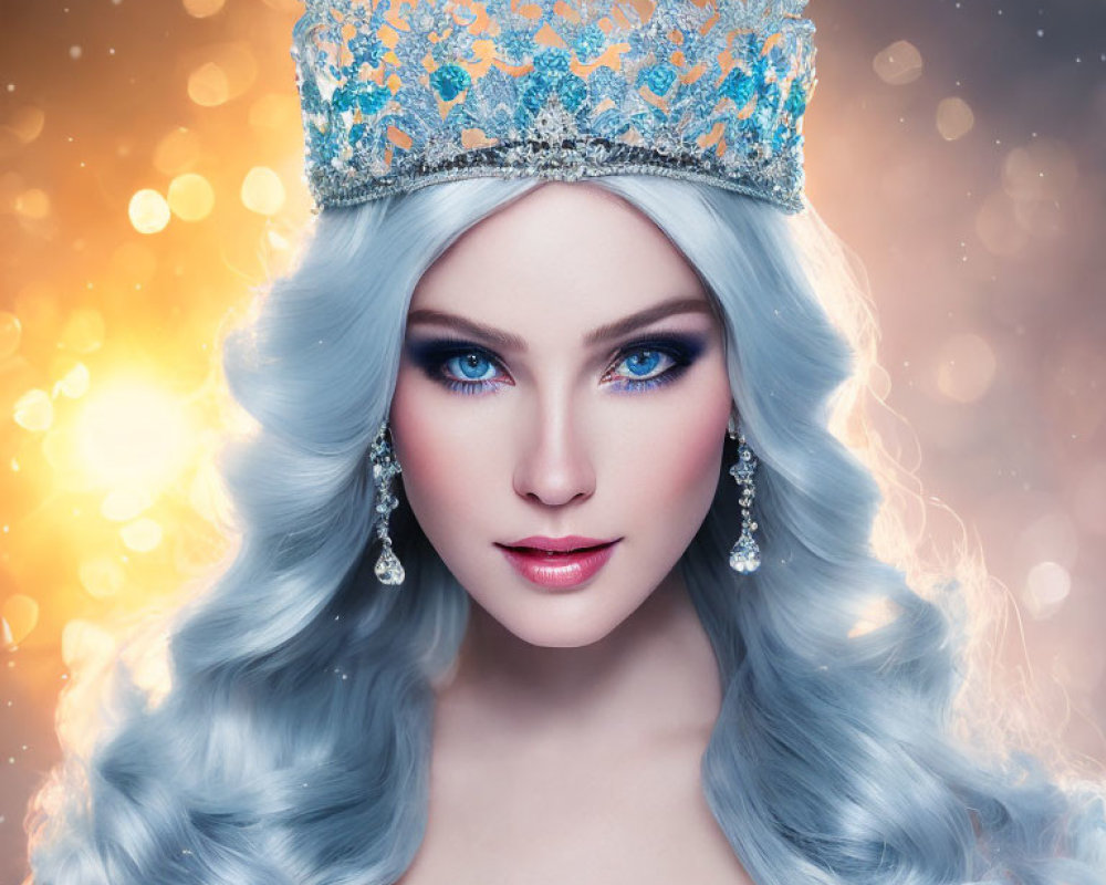 Woman with Blue Eyes and Silver Hair in Sparkling Crown and Earrings