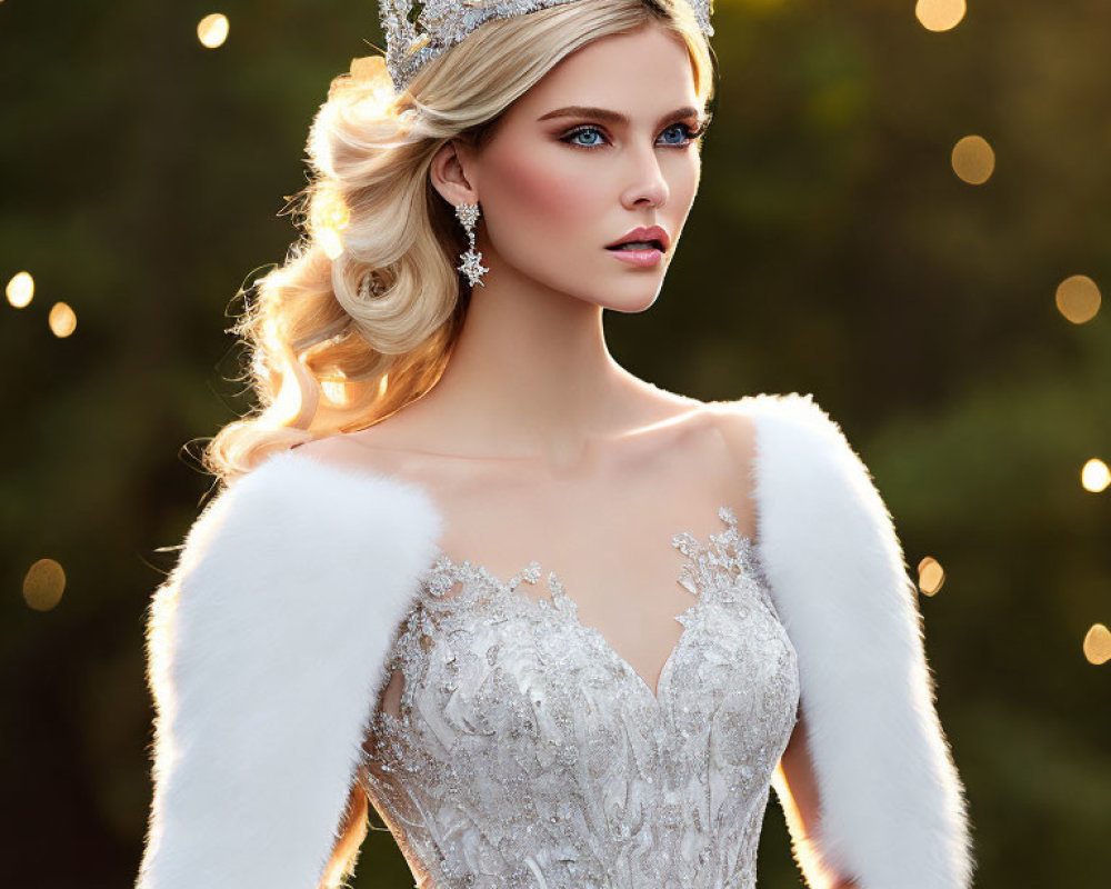 Woman in Bejeweled Crown and White Fur-Trimmed Dress on Golden-Lit Background