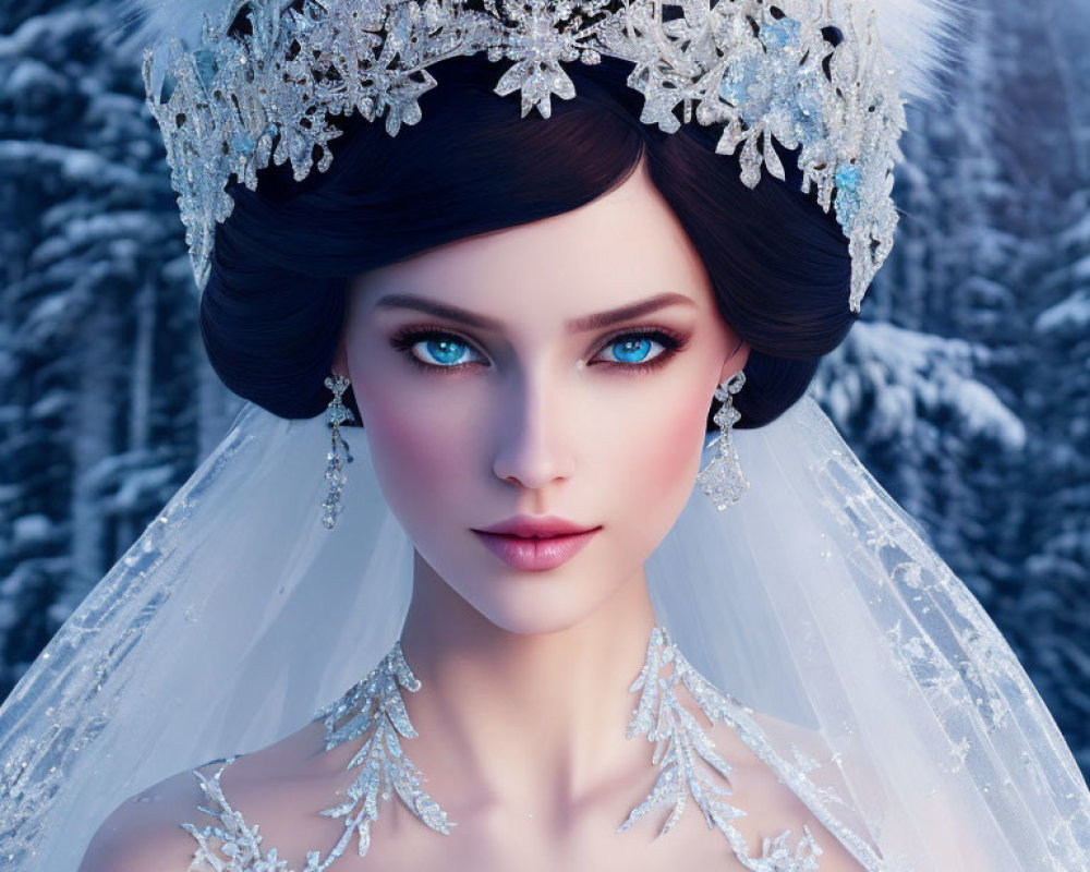 Digital artwork: Woman with blue eyes in snowy crown and veil, forest backdrop