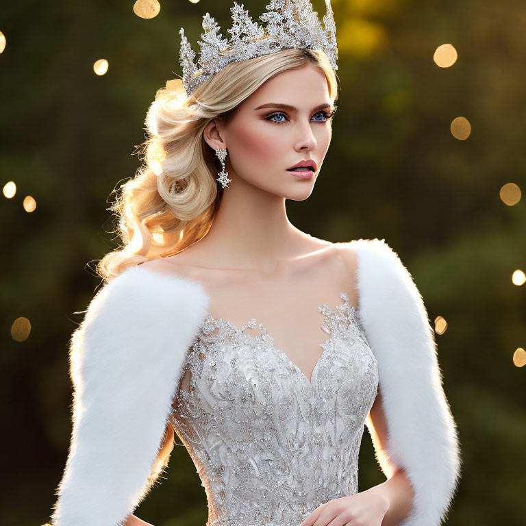 Woman in Bejeweled Crown and White Fur-Trimmed Dress on Golden-Lit Background