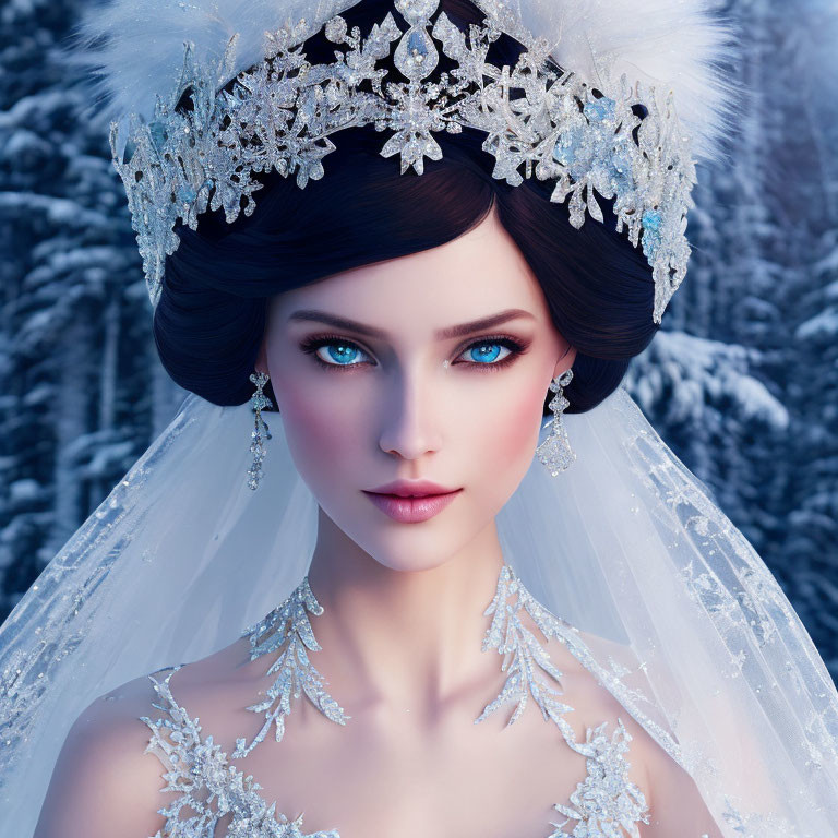 Digital artwork: Woman with blue eyes in snowy crown and veil, forest backdrop