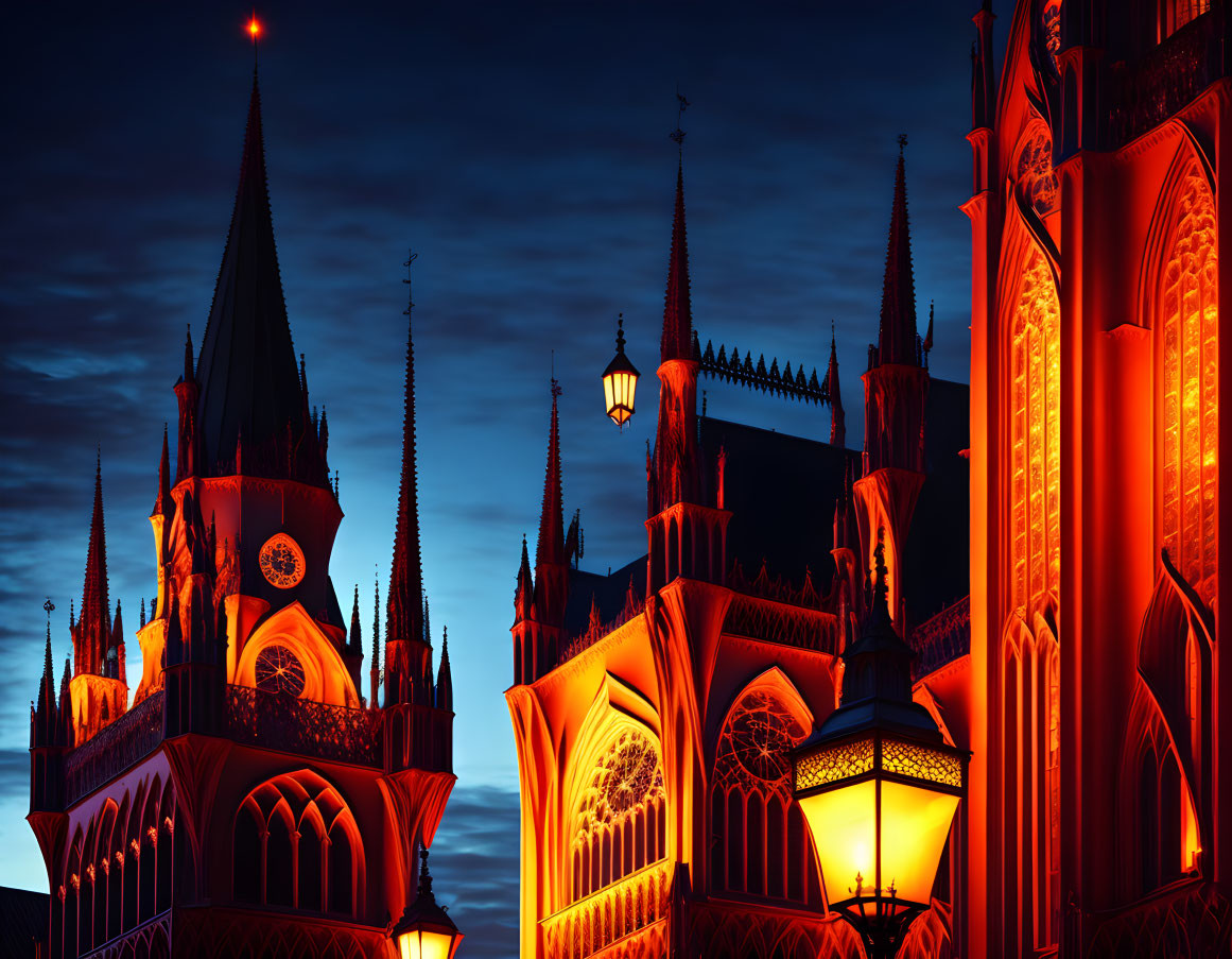 Gothic-style architecture with pointed arches and spires at twilight