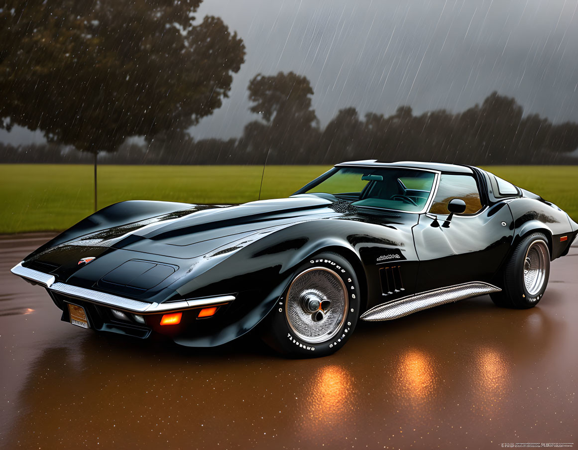 Vintage black Corvette Stingray in heavy rain on wet asphalt