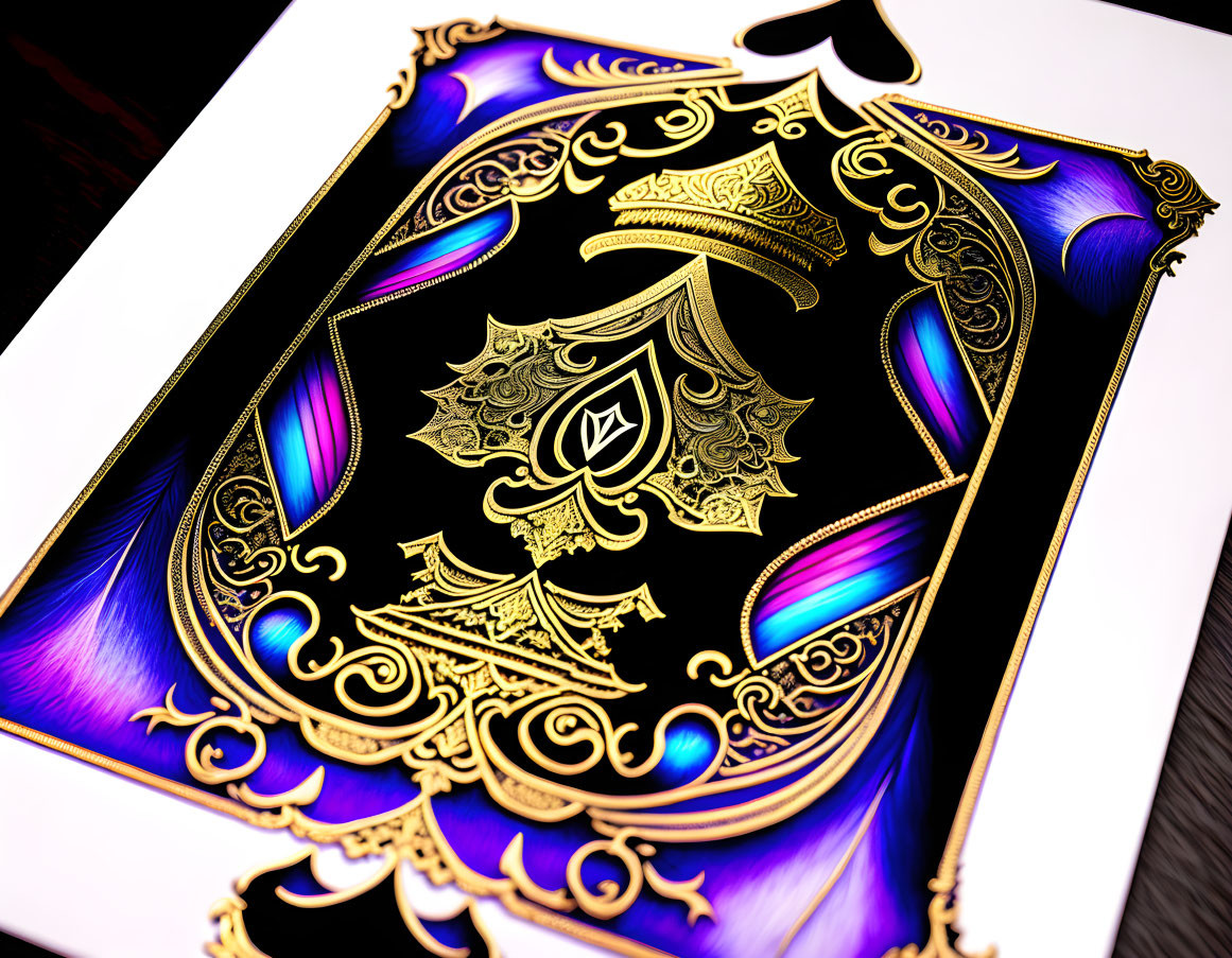 Intricate gold detailing on ornate ace of spades card on blue and purple background