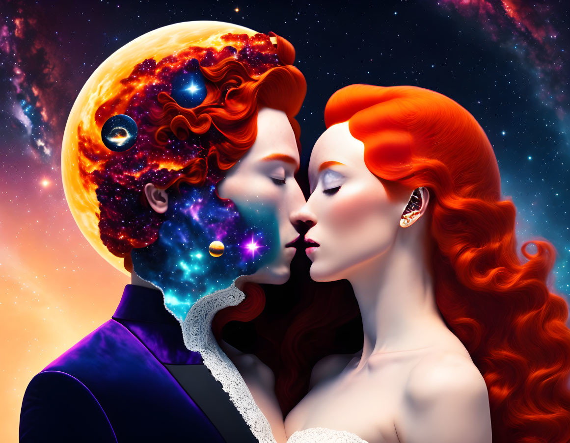 Digital Artwork: Romantic Embrace with Cosmic Elements