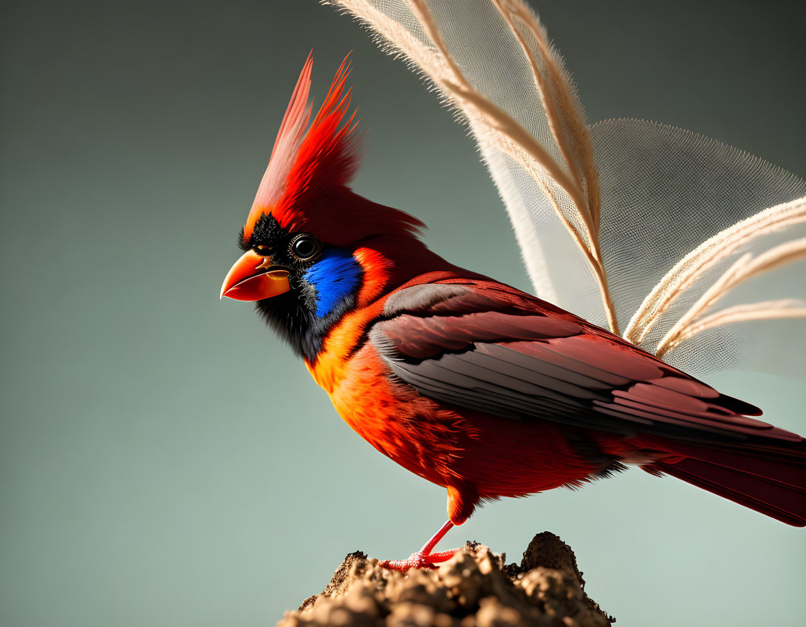 Colorful Bird with Red Crest and Blue Plumage Perched on Branch