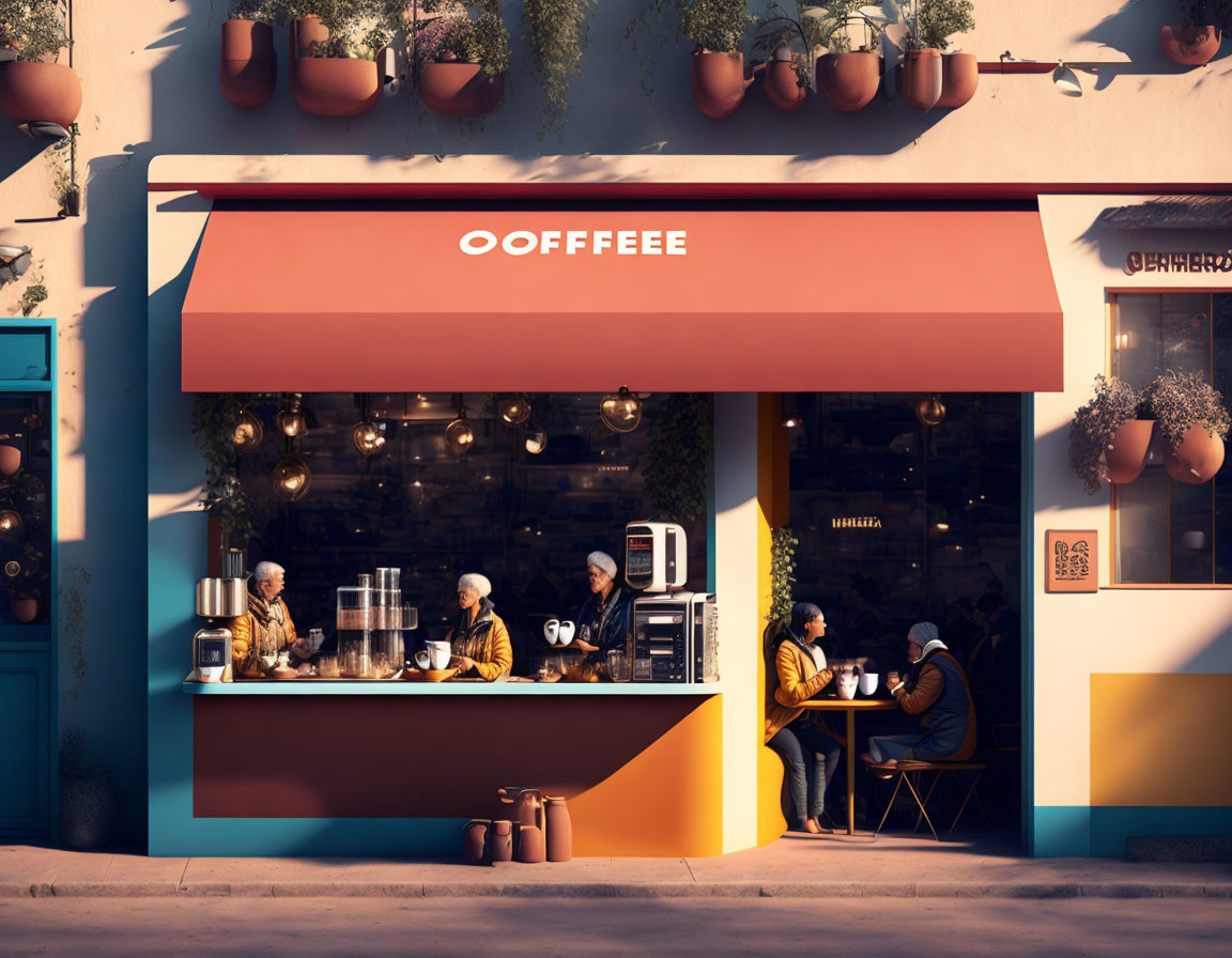 Cozy Coffee Shop Facade at Sunset with Outdoor Patrons and Warm Lighting