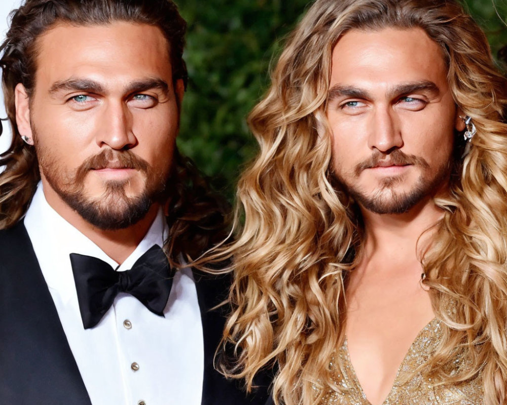 Two individuals with long wavy hair and strikingly similar features, one in a suit and the other