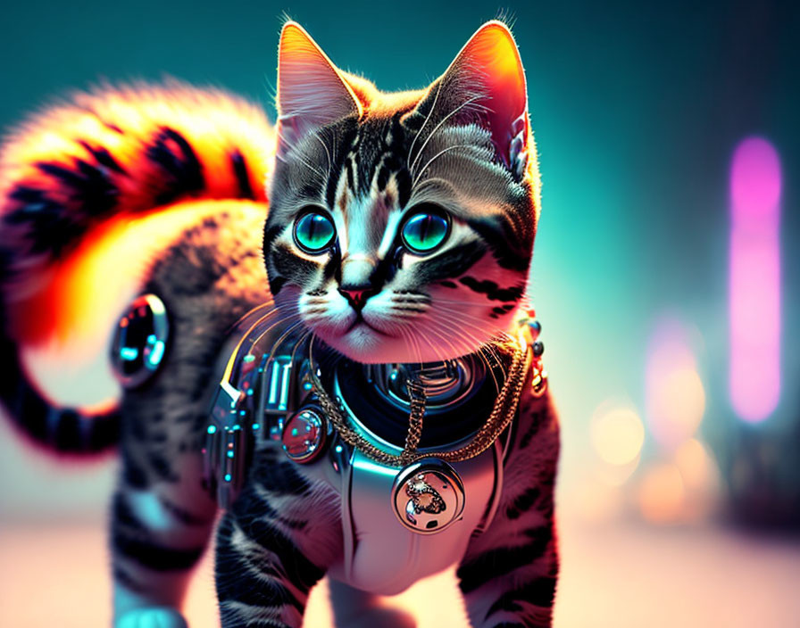 Futuristic cybernetic cat with glowing blue eyes on neon-lit background