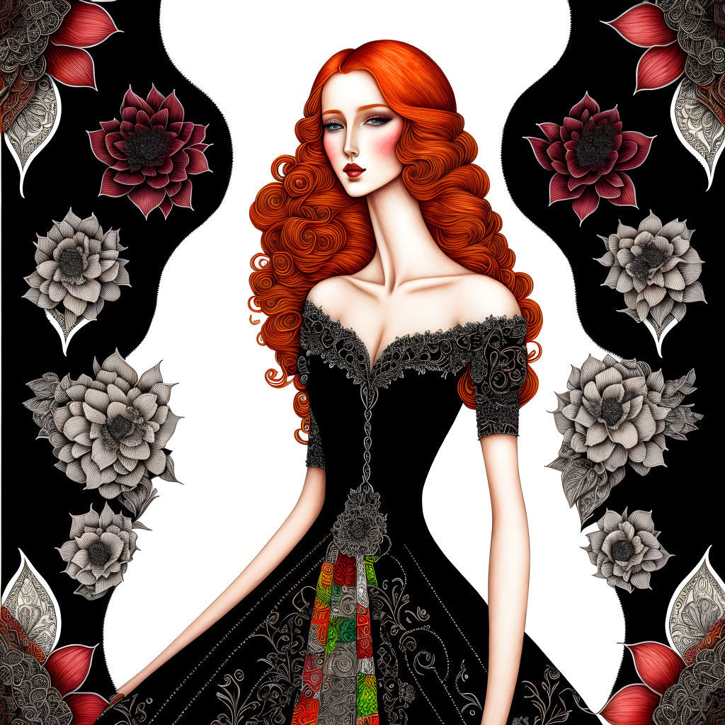 Illustrated Red-Haired Woman in Black Floral Dress with Stylized Flowers