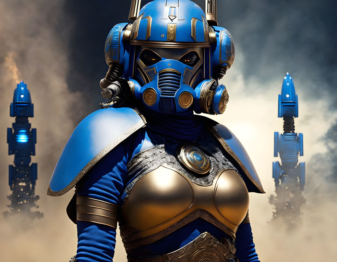 Detailed Futuristic Blue and Gold Armor Standing Figure with Blue Rocket Structures