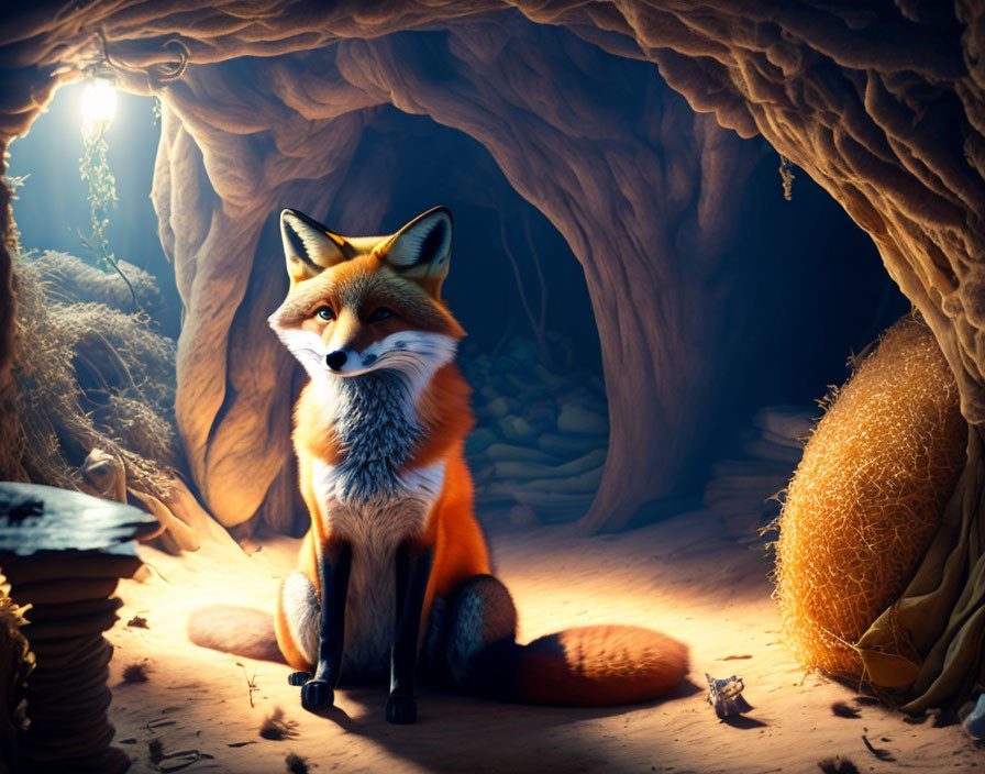 Red fox sitting in cozy cave with warm light and shadows