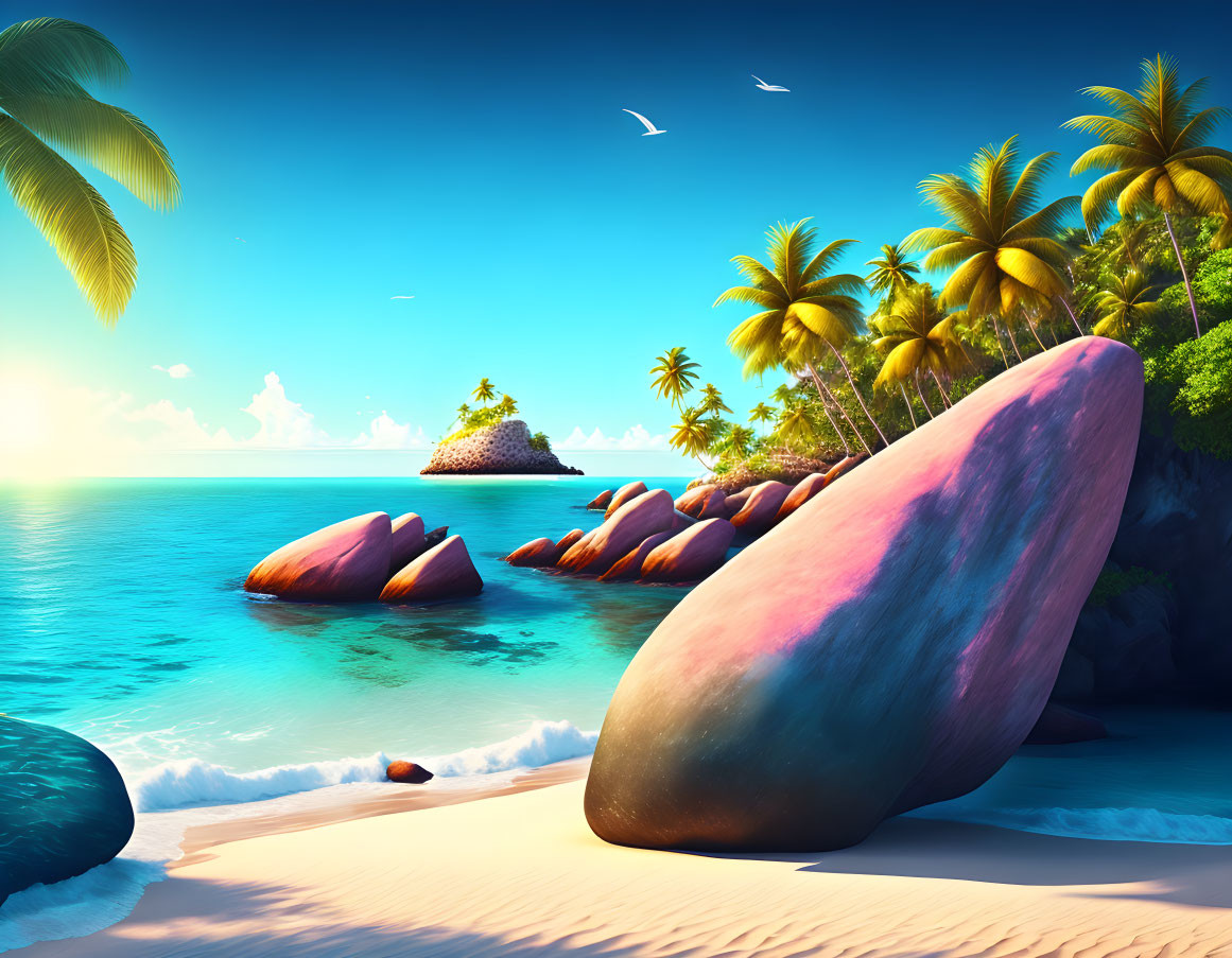 Serene Tropical Beach with Palm Trees and Colorful Rocks