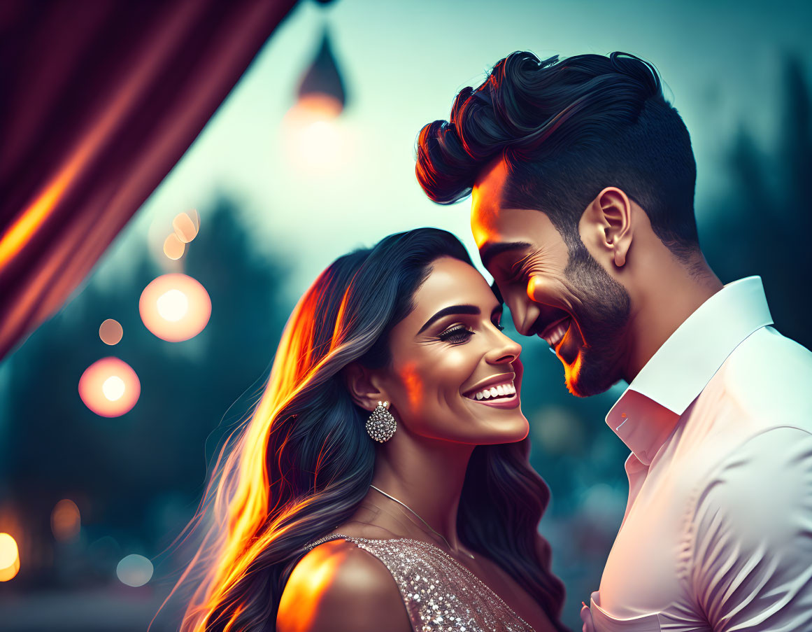 Happy couple smiling with bokeh background