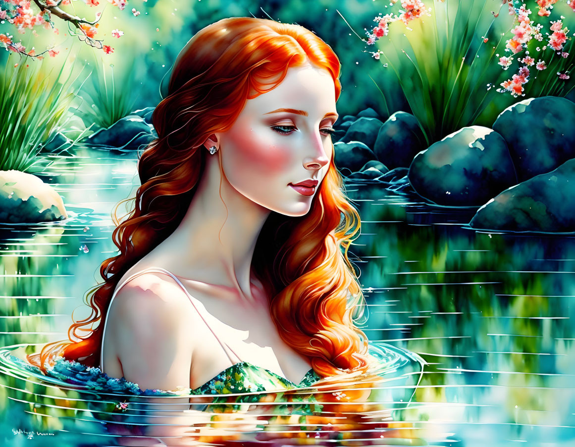 Red-haired woman in green dress submerged in water surrounded by nature and flowers.