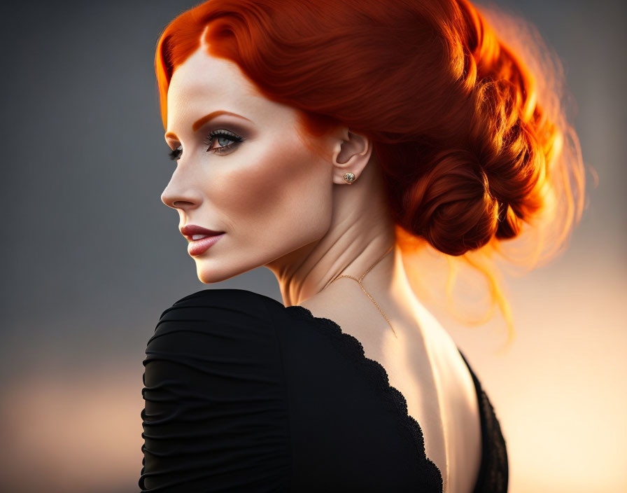 Fiery Red Hair Woman in Elegant Updo and Black Outfit